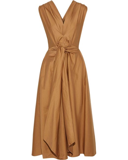TOME Natural Tie-front Pleated Cotton-poplin Midi Dress Camel