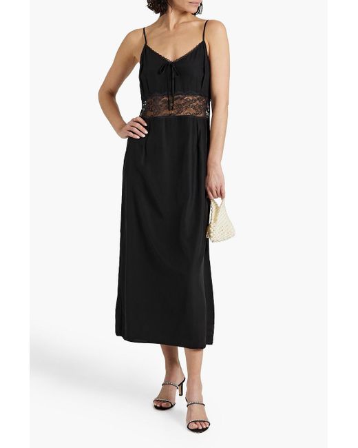 HVN Black Chrissy Lace-paneled Silk-satin Midi Dress
