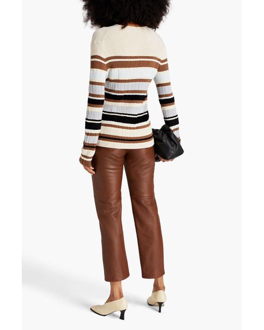 Theory White Striped Chenille-trimmed Knitted Sweater