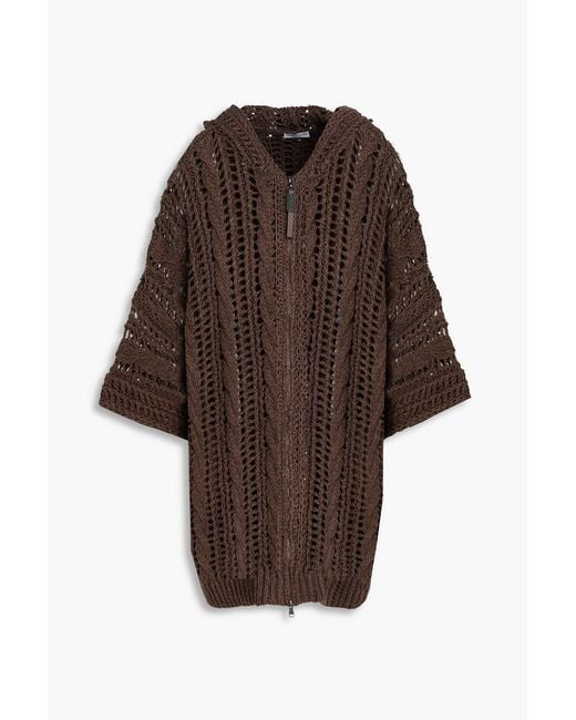 Brunello Cucinelli Brown Bead-Embellished Open-Knit Jute-Blend Hooded Cardigan