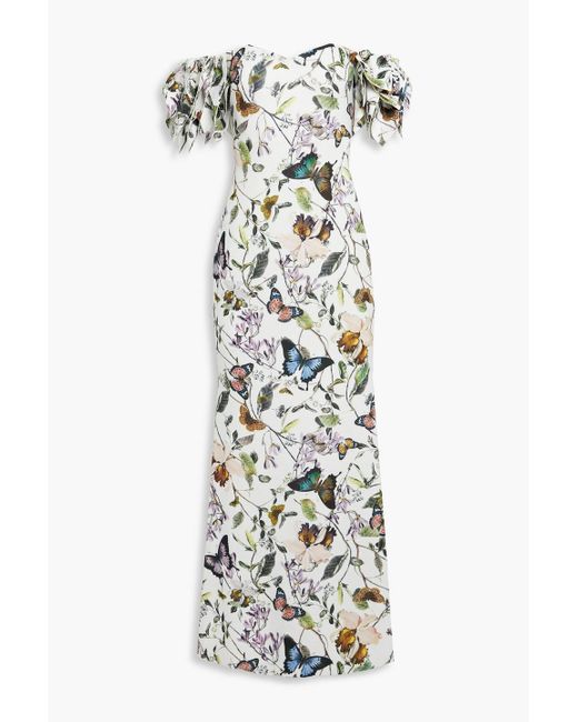 Badgley Mischka White Off-the-shoulder Embellished Floral-print Cady Gown