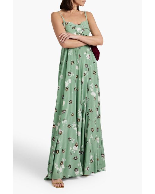 Valentino Garavani Green Bow-detailed Floral-print Silk-satin Crepe Maxi Dress