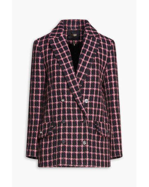 Maje Purple Double-breasted Checked Tweed Blazer