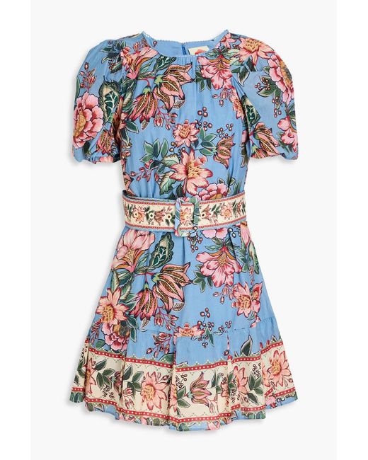 Farm Rio Blue Belted Floral-print Cotton-blend Mini Dress