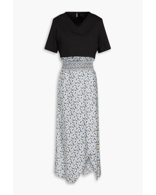 Maje Black Stretch-jersey And Shirred Floral-print Satin Midi Dress