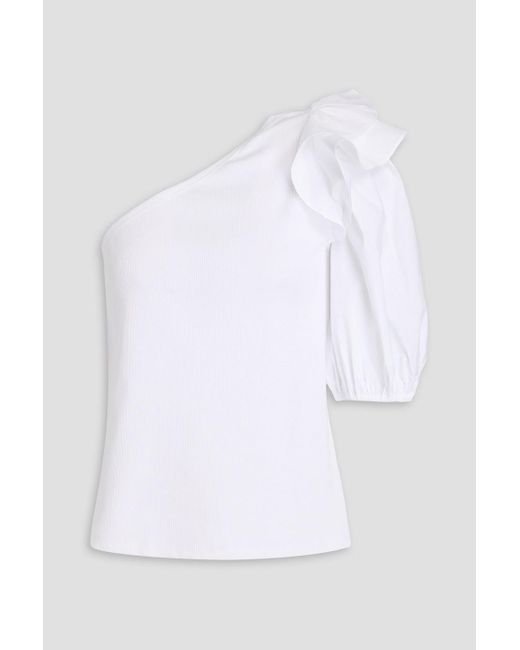 Veronica Beard White Diantha One-shoulder Ruffled Stretch-pima Cotton-jersey Top