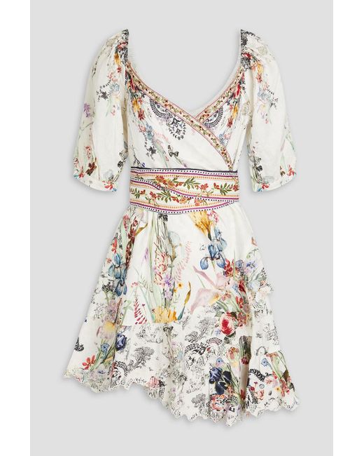 Camilla White Embellished Floral-print Linen Mini Wrap Dress