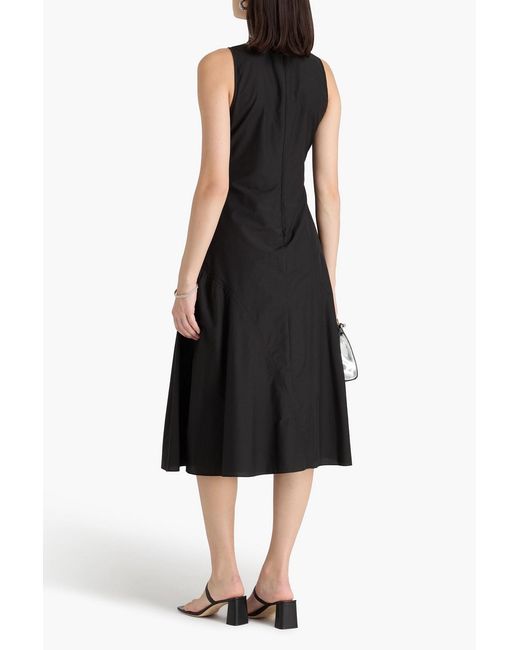 Theory Black Gathered Cotton-blend Midi Dress