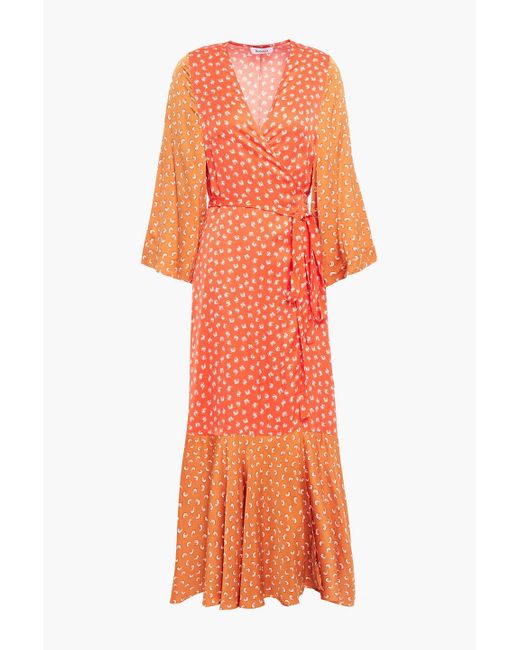 Rodebjer Orange Millie Paneled Printed Satin Midi Wrap Dress