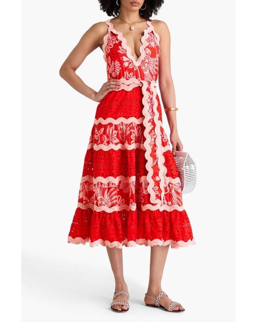 Farm Rio Red Tie Swiss Dot-paneled Broderie Anglaise Cotton Midi Dress