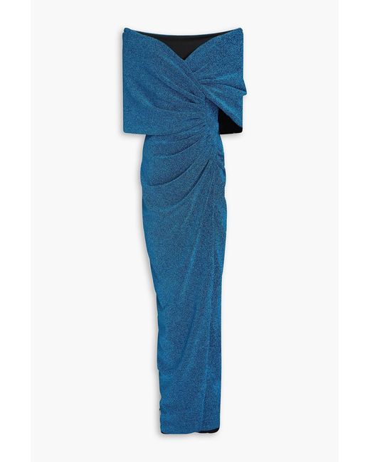 Rhea Costa Blue Off-the-shoulder Wrap-effect Metallic Jersey Gown