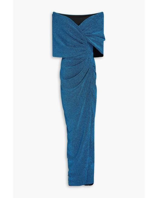 Rhea Costa Blue Schulterfreie robe aus jersey in metallic-optik mit wickeleffekt