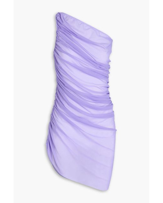 Norma Kamali Purple Diana One-shoulder Ruched Stretch-mesh Mini Dress