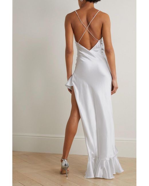Michael Lo Sordo White Asymmetric Open-back Ruffled Crystal-embellished Silk-satin Gown