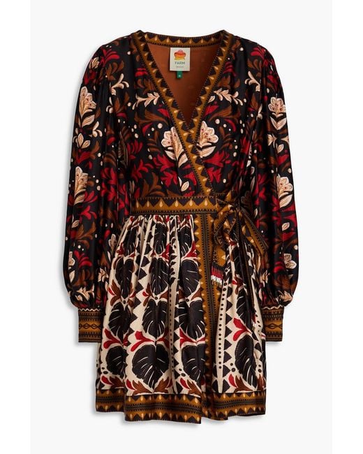 Farm Rio Black Printed Satin-Crepe Mini Dress