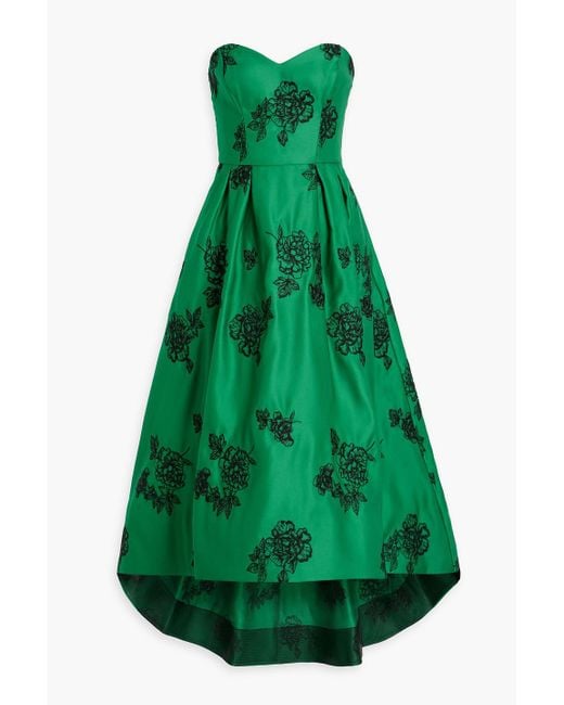 Marchesa Green Strapless Embroidered Duchesse-satin Maxi Dress