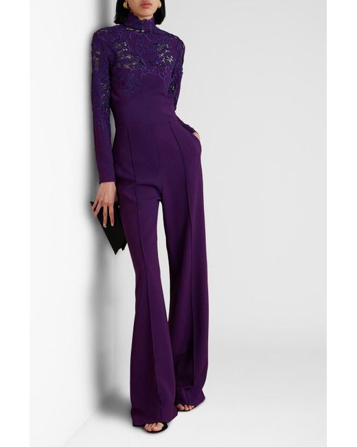 Elie Saab Purple Guipure Lace-paneled Crepe Wide-leg Jumpsuit