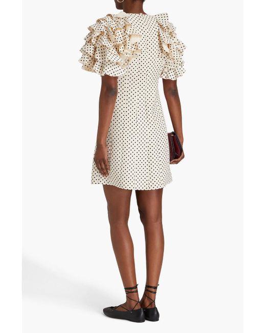 Valentino Garavani Natural Ruffled Polka-dot Wool And Silk-blend Crepe Mini Dress