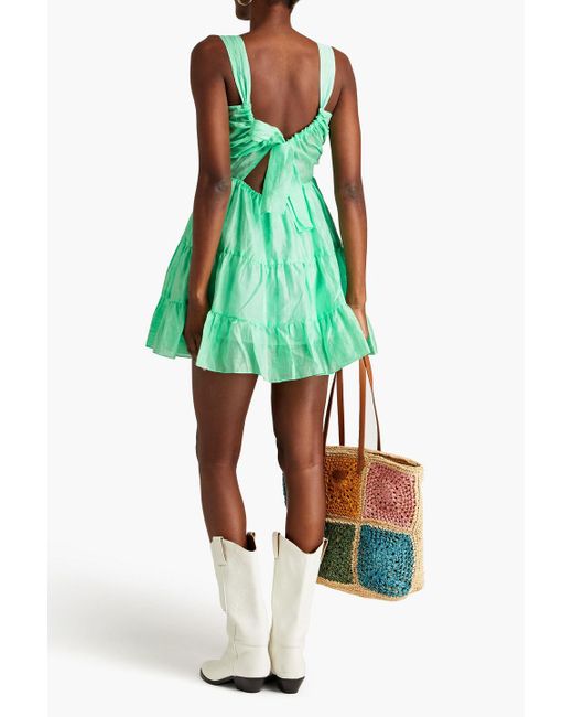 Sandro Green Tiered Linen-blend Gauze Mini Dress