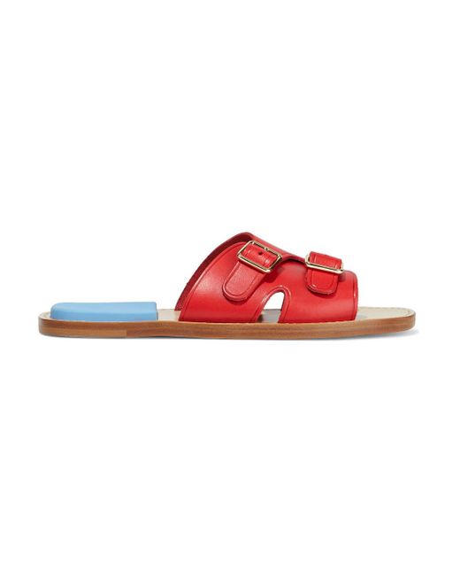 Acne Red Buckled Leather Slides