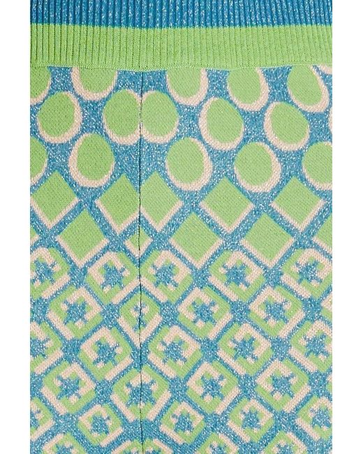 Diane von Furstenberg Green Metallic Jacquard-knit Cotton-blend Flared Pants