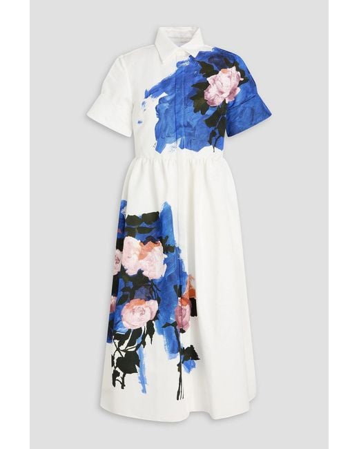 Erdem Blue Floral-print Cotton-blend Faille Midi Shirt Dress