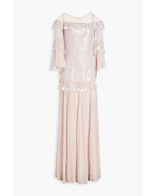 Temperley London Pink Sylvan Crepe De Chine-paneled Sequined Tulle Maxi Dress