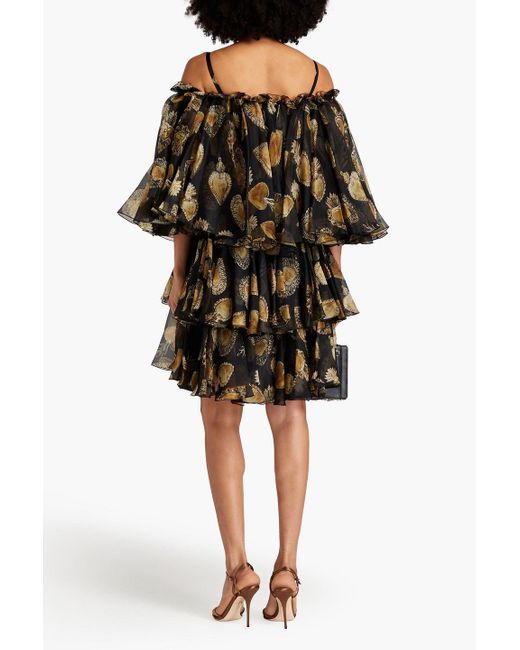 Dolce & Gabbana Black Cold-shoulder Printed Silk-blend Organza Mini Dress