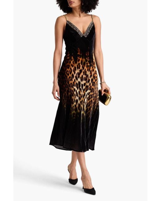 Camilla Black Embellished Leopard-Print Velvet Midi Slip Dress