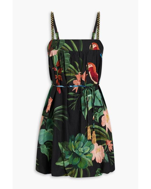 Farm Rio Green Bead-embellished Printed Linen-blend Mini Dress