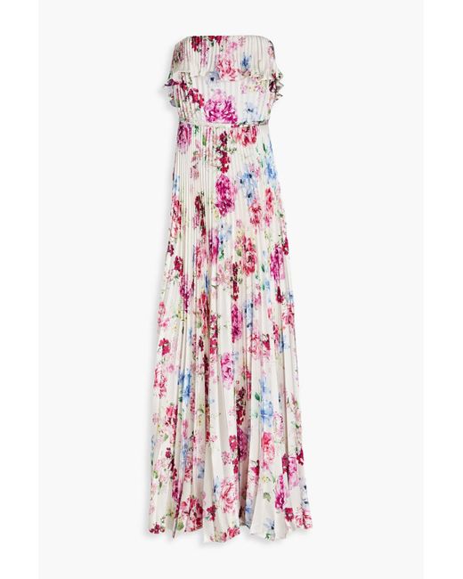 ML Monique Lhuillier White Strapless Pleated Floral-print Hammered-satin Maxi Dress