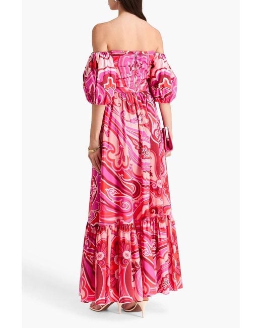 Etro Red Off-The-Shoulder Paisley-Print Stretch-Cotton Poplin Maxi Dress