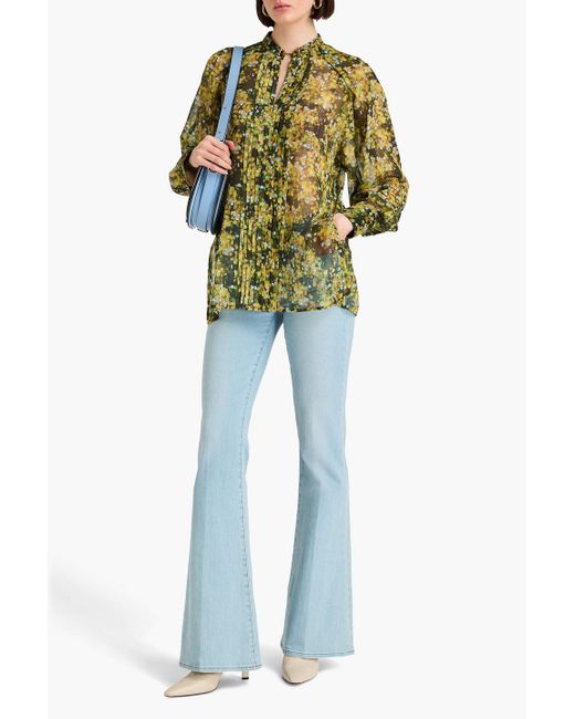Victoria Beckham Green Pleated Metallic Floral-print Chiffon Shirt