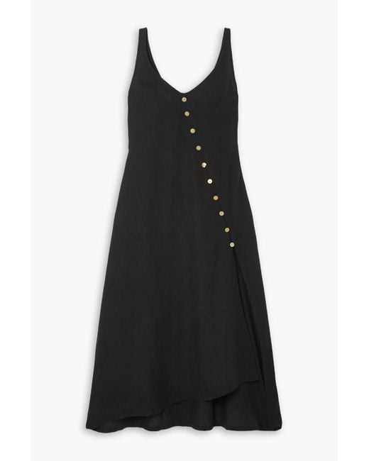 LeKasha Black Rafah Asymmetric Button-embellished Linen Midi Dress