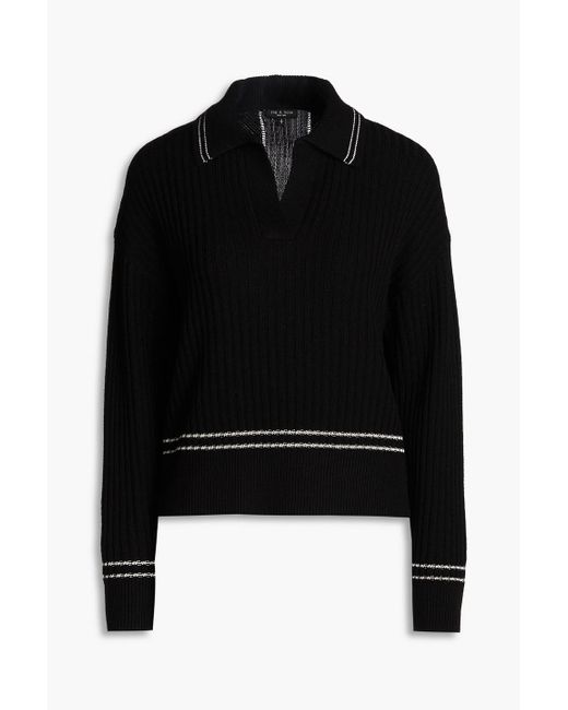 Rag & Bone Black Monti Striped Ribbed Merino Wool Polo Sweater