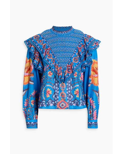 Farm Rio Blue Ruffled Smocked Printed Cotton-Voile Blouse