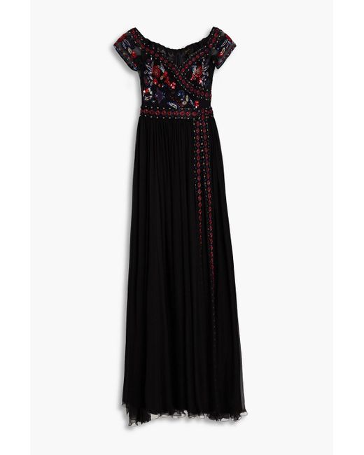 Zuhair Murad Black Off-the-shoulder Embellished Silk-blend Tulle And Chiffon Gown