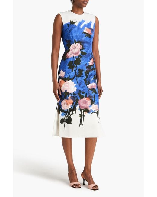 Erdem Blue Floral-Print Cotton-Blend Faille Midi Dress