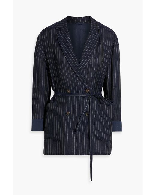 Brunello Cucinelli Blue Blazer aus einer baumwollmischung in metallic-optik mit nadelstreifen