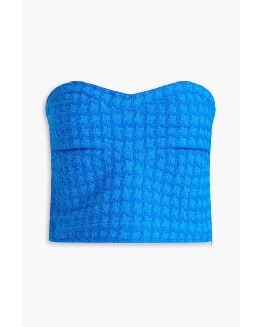 Sandro Blue Off-the-shoulder Cropped Bouclé-tweed Top