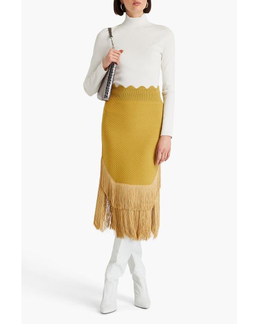 Victoria Beckham Yellow Fringed Crochet-knit Midi Skirt