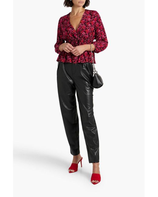 10 Crosby Derek Lam Red Gathe Floral-print Crepe De Chine Top
