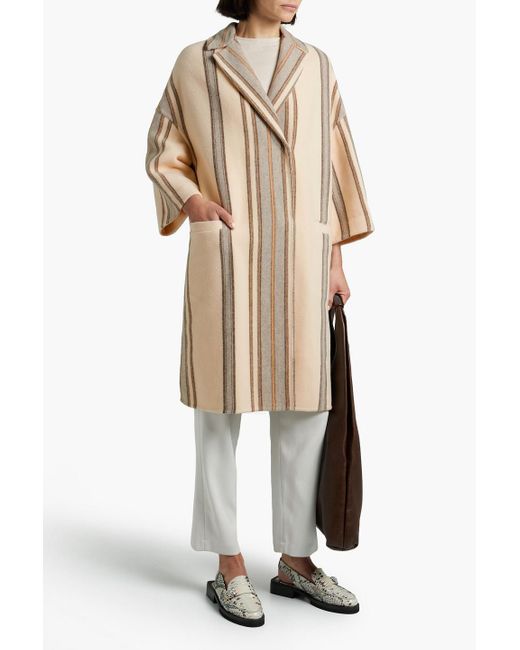 Brunello Cucinelli Natural Double-breasted Striped Wool And Cashmere-blend Felt Coat