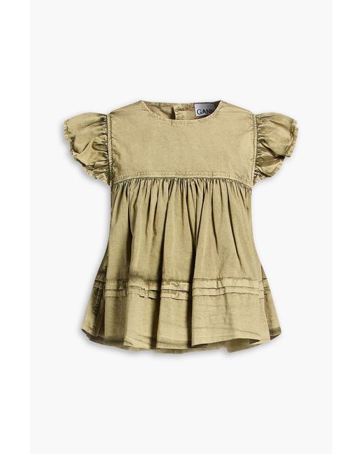 Ganni Metallic Gathered Stretch-Cotton-Poplin Top