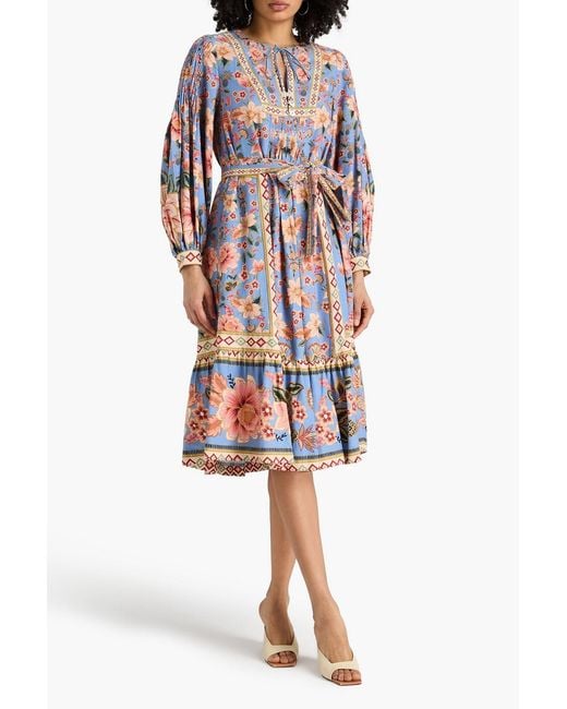 Farm Rio White Floral-print Linen-blend Midi Dress
