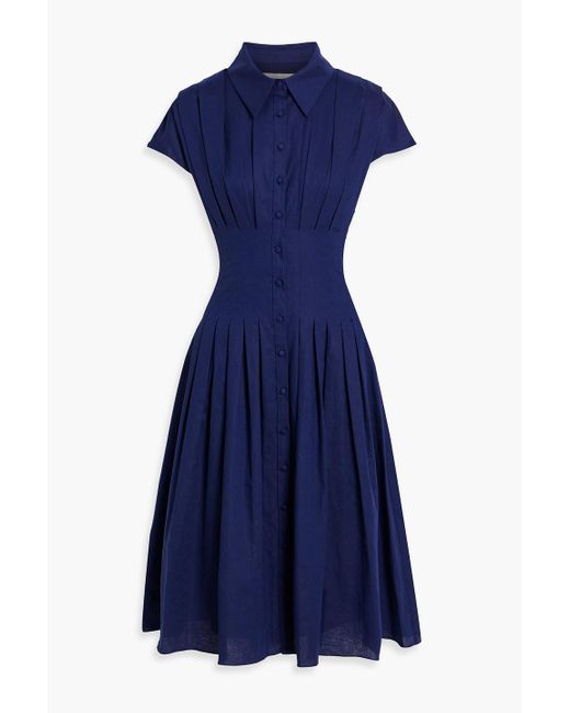Mikael Aghal Blue Pleated Cotton And Linen-blend Shirt Dress