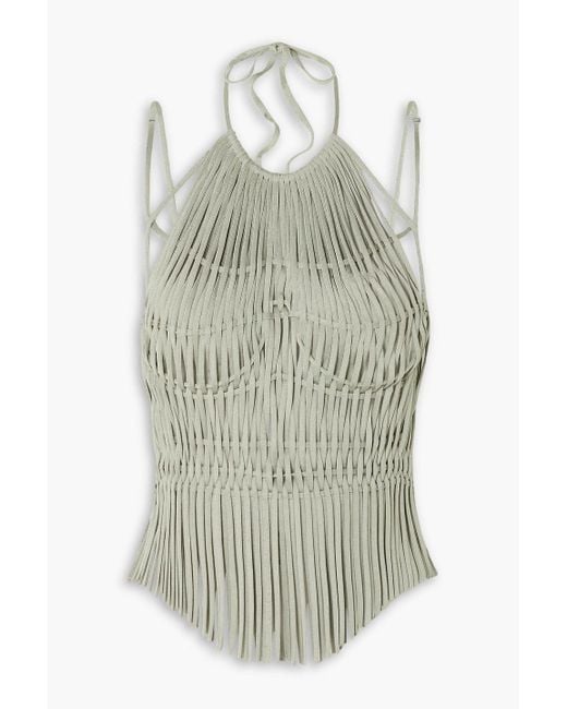 Isa Boulder Gray Papercut Metallic Open-knit Halterneck Top