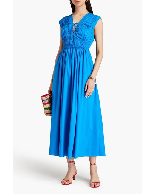 Diane von Furstenberg Blue Gillian Gathered Cotton-blend Poplin Midi Dress