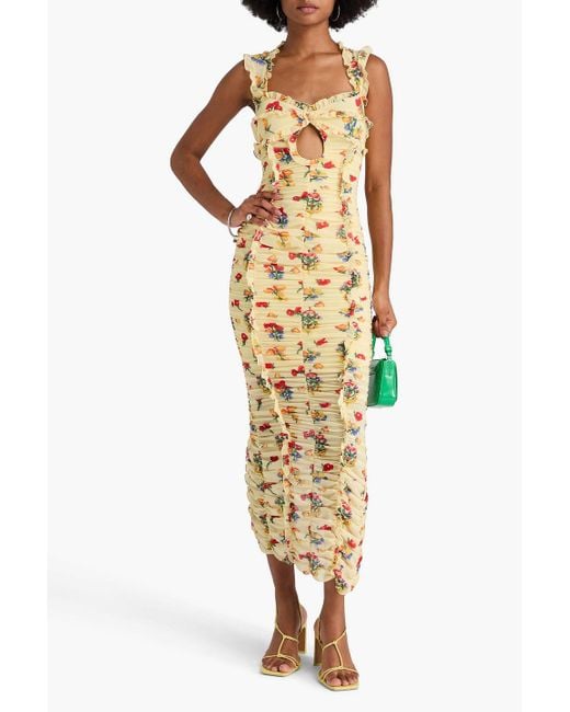 De La Vali Metallic Ruffled Floral-Print Georgette Midi Dress