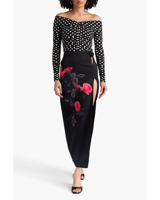 Magda Butrym Black Cutout Floral-Print Silk And Wool-Blend Satin Maxi Skirt